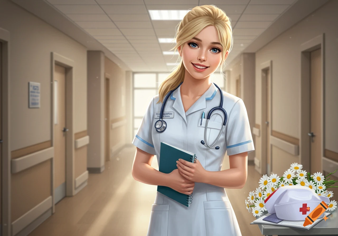 An illustrated blonde nurse in a white uniform stands in a hospital hallway, holding a teal notebook. A nurse's cap and daisies are on a table.