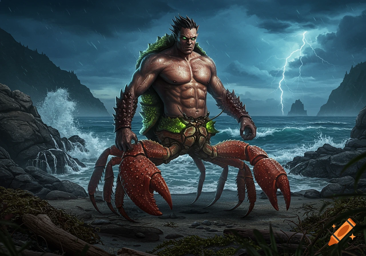 A muscular half-human, half-crab creature stands on a stormy, rocky beach with lightning in the sky.