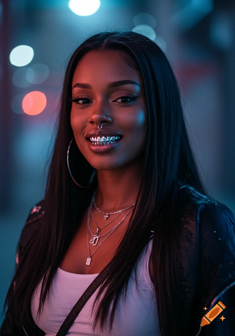 Photorealistic portrait of a woman with long black hair, silver grillz, and layered necklaces, smiling in an urban setting with neon lighting.