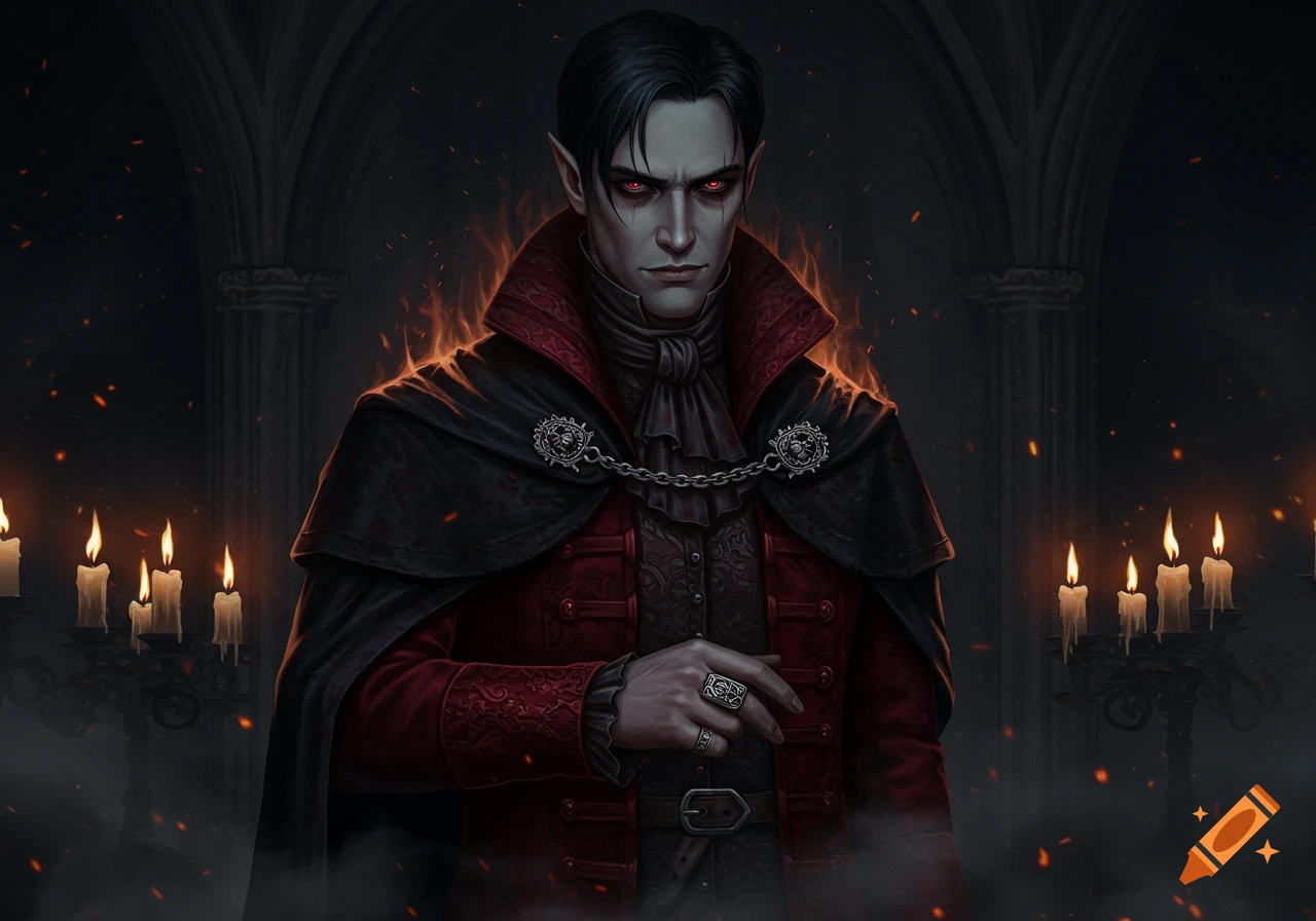 Dark fantasy portrait of a pale man with red eyes in gothic attire, surrounded by fire and candles in a dark hall.