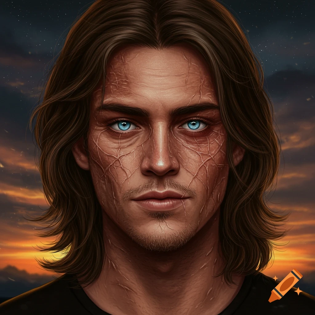 Digital portrait of a man with long brown hair, bright blue eyes, and textured or scarred skin on his face, against an orange and dark blue sky.