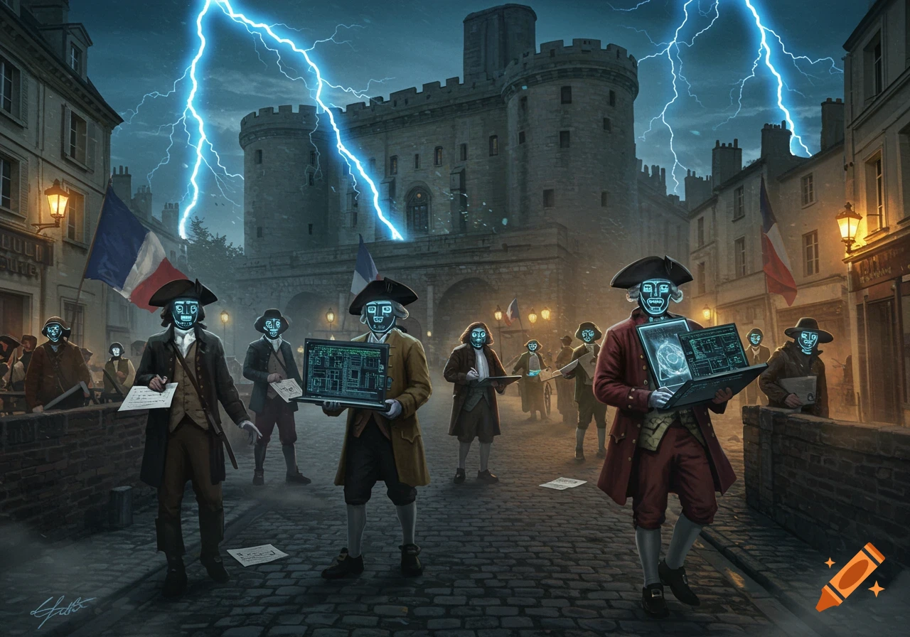Robot-faced figures in 18th-century French attire hold glowing laptops and papers while storming a fortress under a lightning storm.