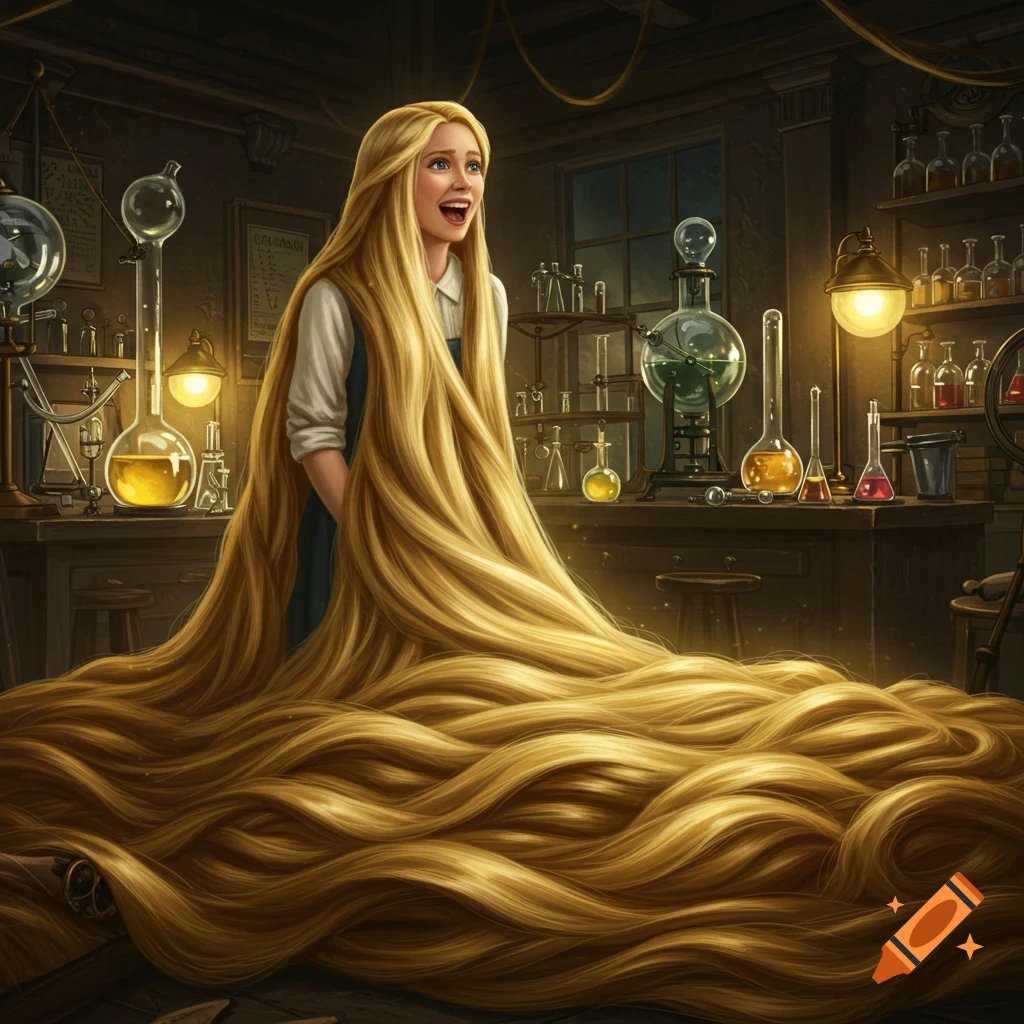 A young woman with incredibly long blonde hair spilling onto the floor of a laboratory filled with beakers.