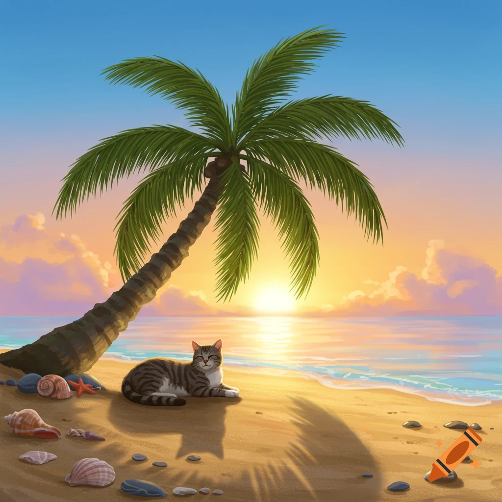 A striped cat rests under a palm tree on a sandy beach during sunset, with shells scattered nearby.