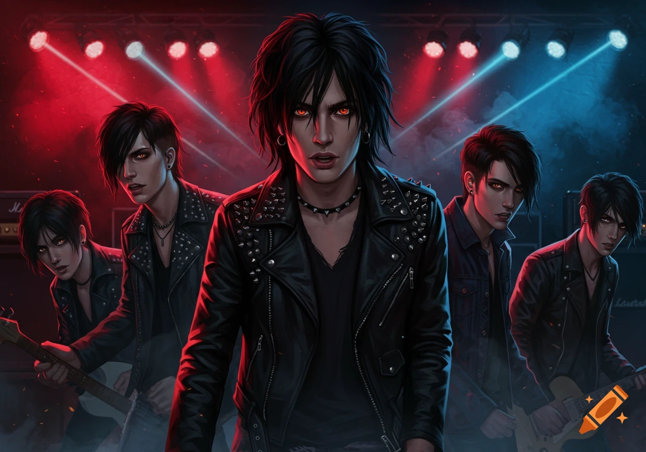 A dark, stylized illustration of a rock band with four young men, featuring a lead singer with bright red eyes in a studded leather jacket, on a stage with red and blue spotlights.