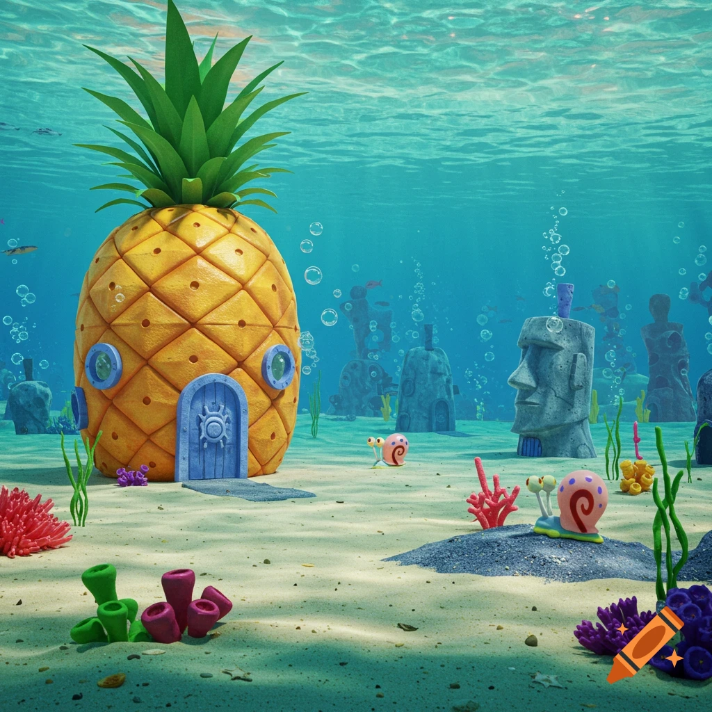 Hyperrealistic underwater scene depicting SpongeBob's pineapple house, Squidward's moai head, and Patrick's rock, with Gary the snail nearby amidst colorful coral.