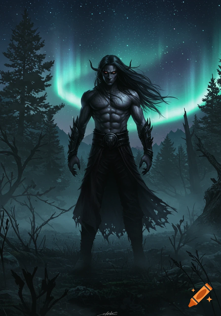 A muscular, dark-skinned fantasy figure with horns, red eyes, and long black hair stands in a dark forest under a vibrant aurora borealis, digital art.