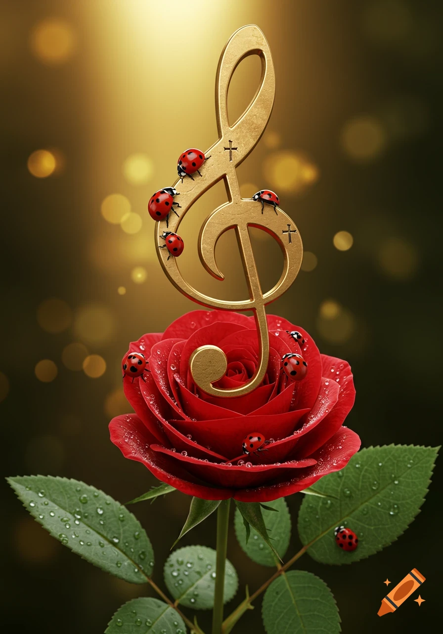 Golden treble clef with ladybugs emerging from a dewy red rose against a warm, blurry background. Photorealistic style.