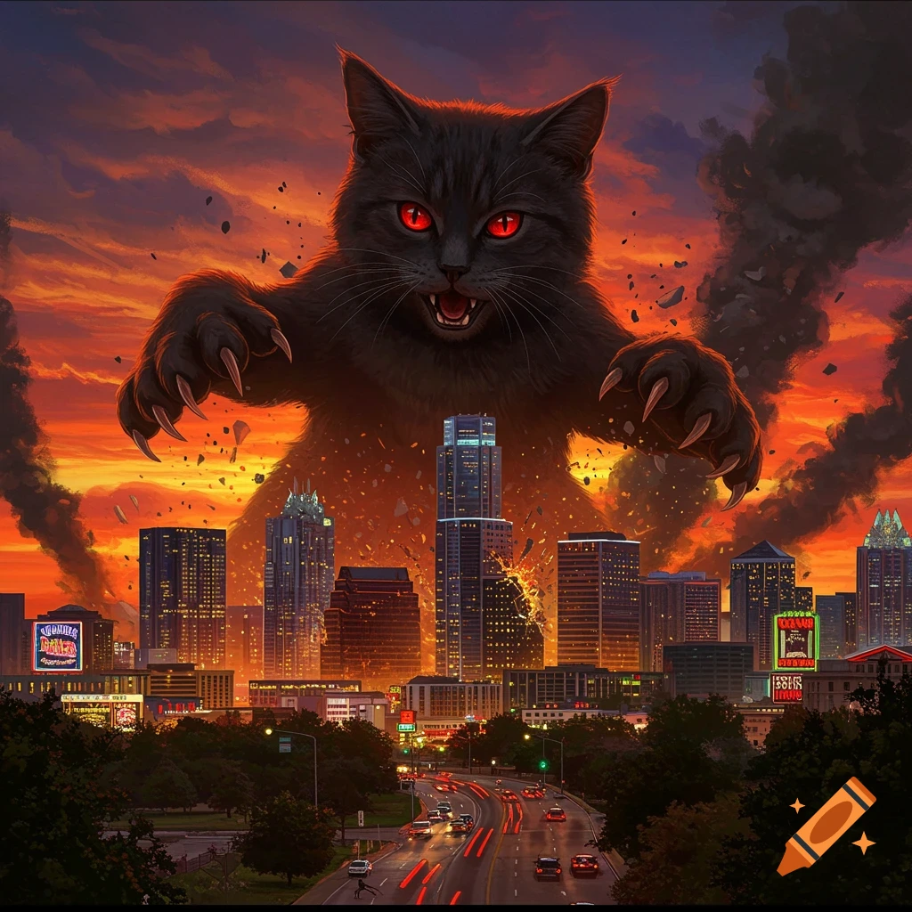 A giant black cat with glowing red eyes towers over a city at sunset, its paws raised over buildings amidst smoke and destruction.