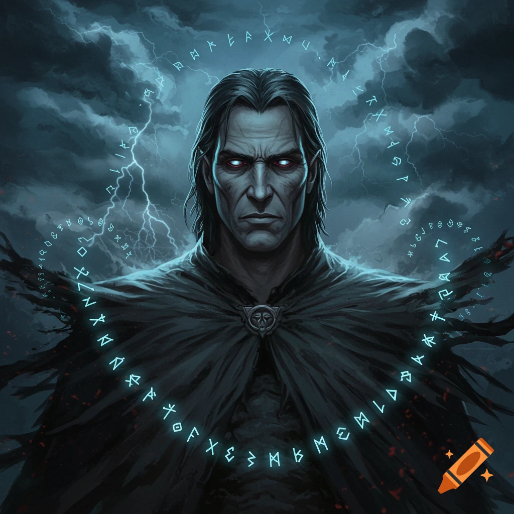 A powerful, dark fantasy character with glowing red eyes and a black cloak, encircled by glowing blue runes, set against a stormy sky with lightning.