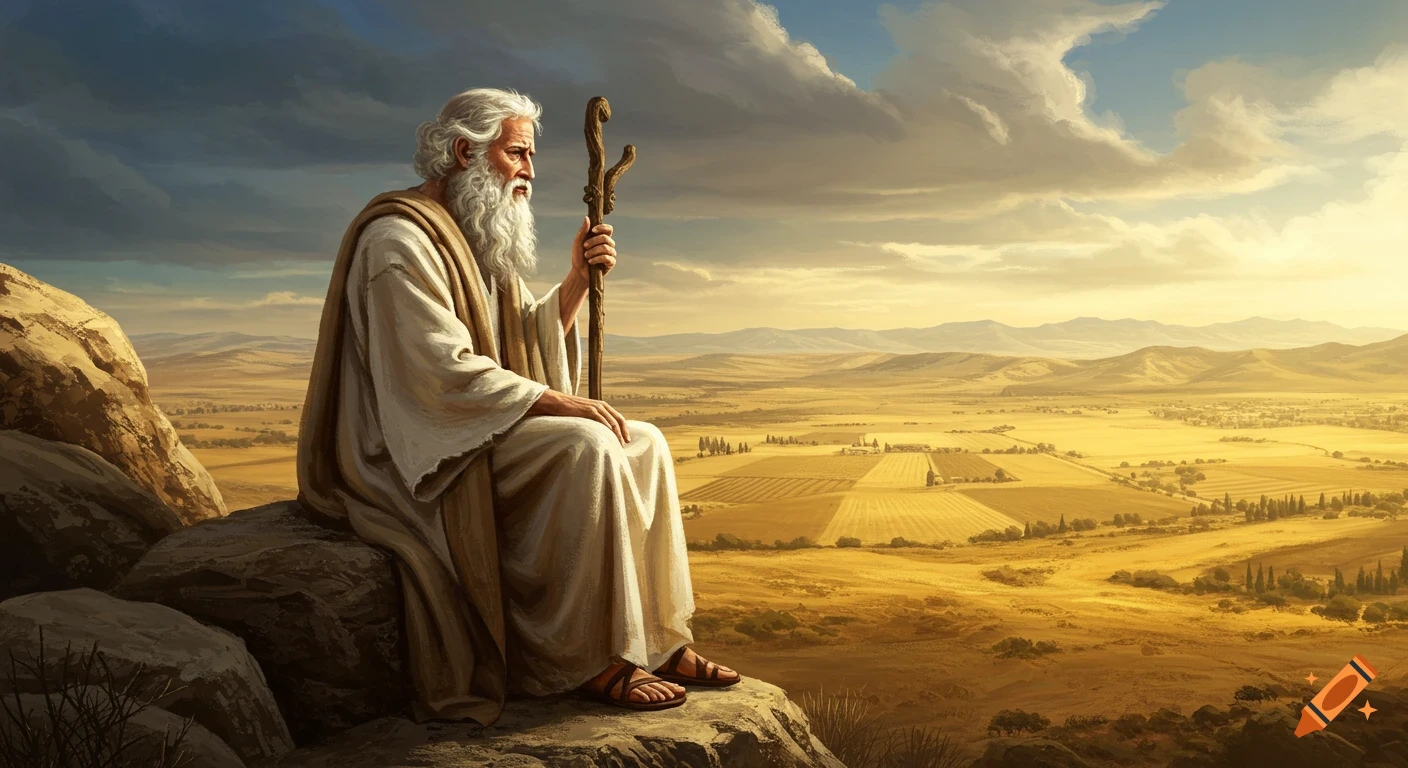 An old man with a long white beard and a staff sits on a rock, gazing at a vast, sunlit golden desert landscape beneath a dramatic sky.