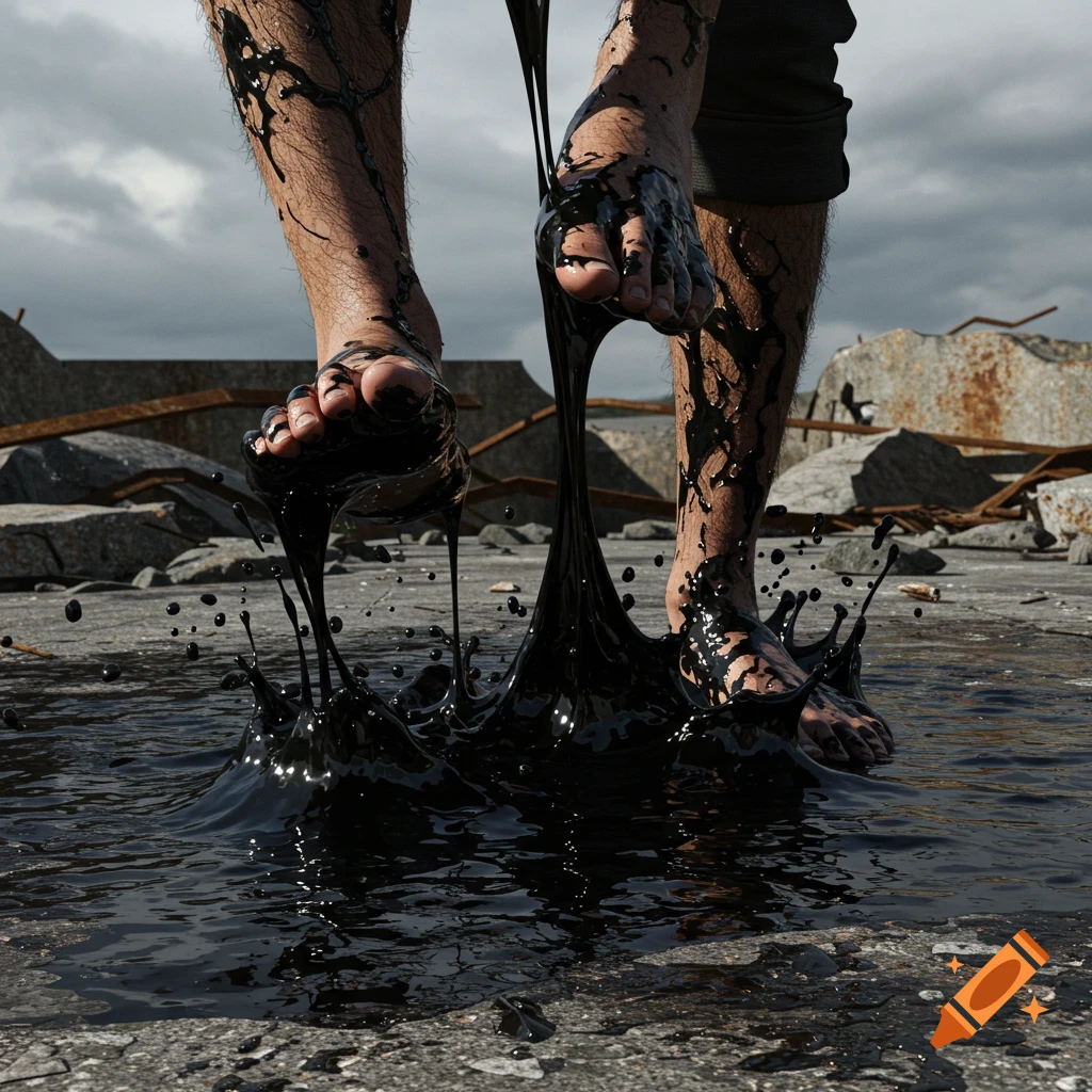 A barefoot man's lower legs and feet are covered in thick, black, sticky tar-like goo, with splashes around him on a concrete surface under a cloudy sky.