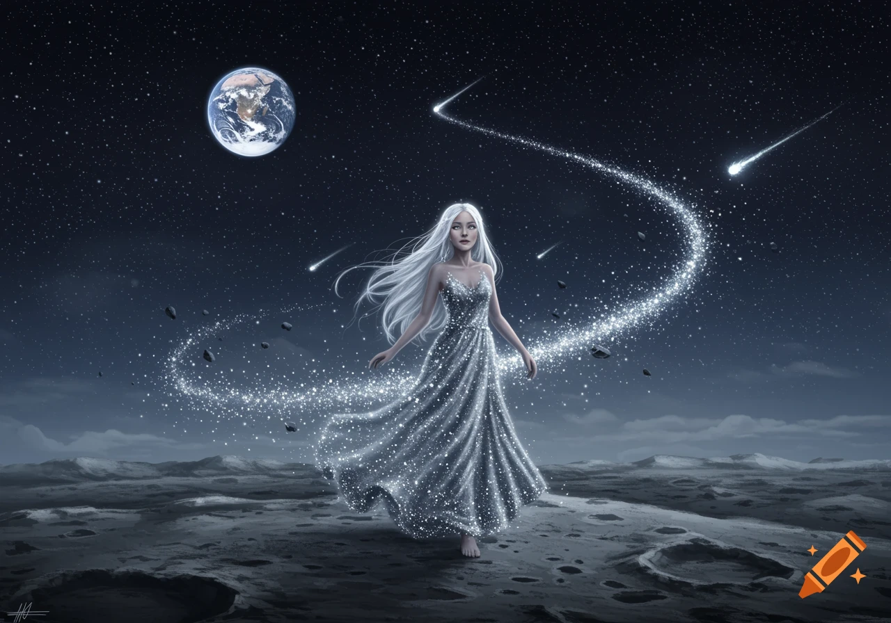 A woman with white hair and a shimmering dress stands on the moon, with Earth and shooting stars in the night sky.