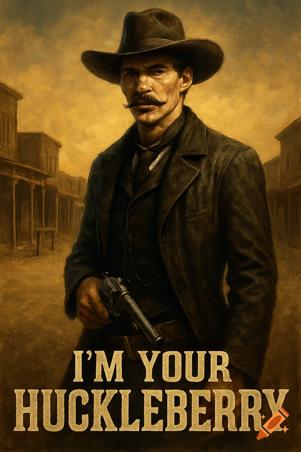 A vintage painterly image of a cowboy with a mustache and hat, holding a gun, standing on an Old West street. Text: 'I'M YOUR HUCKLEBERRY'.