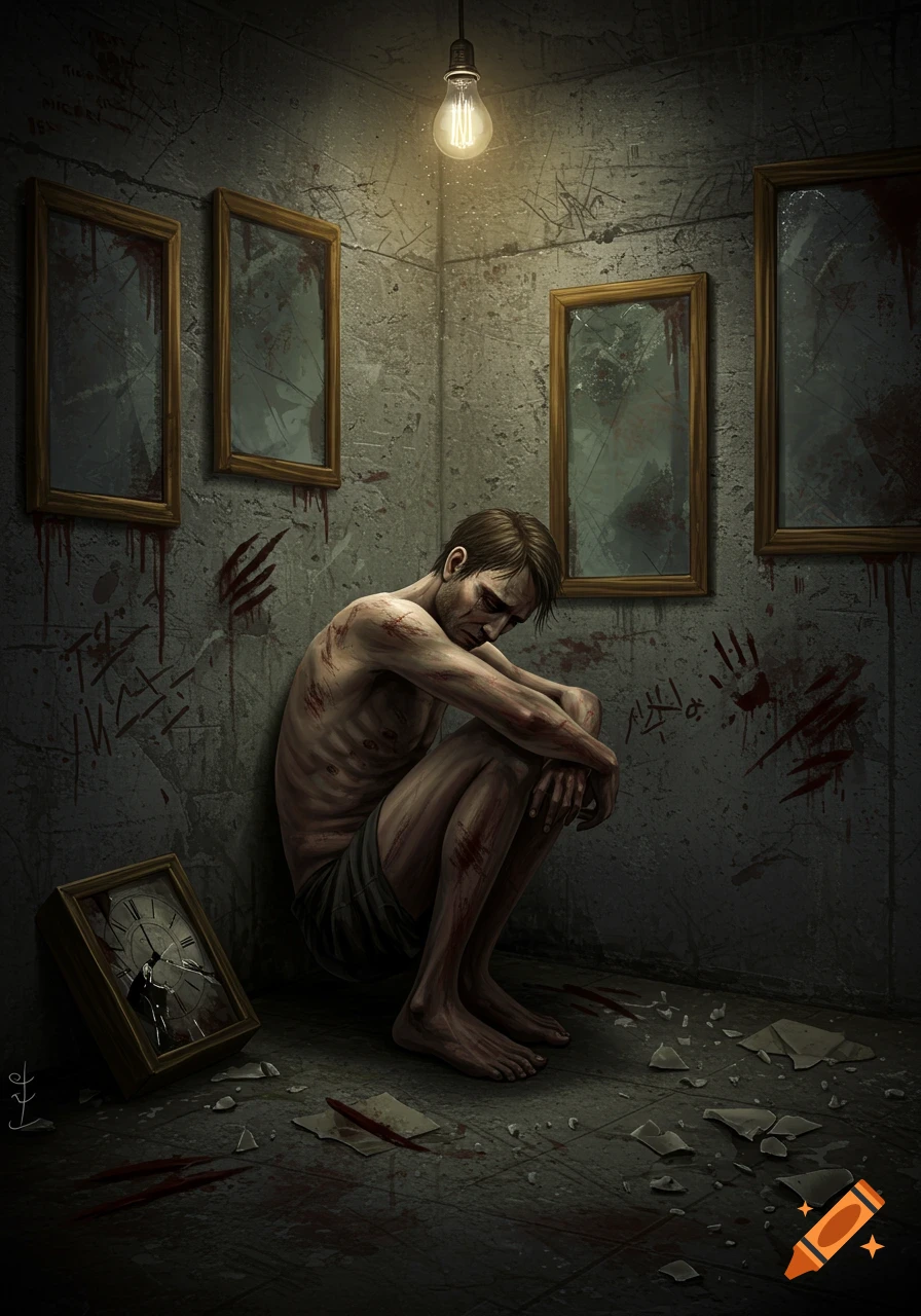 A gaunt man in shorts, covered in cuts and blood, sits hunched in a dark, concrete room with broken mirrors, a shattered clock, and bloody handprints on the walls under a single lightbulb, depicting deep despair.