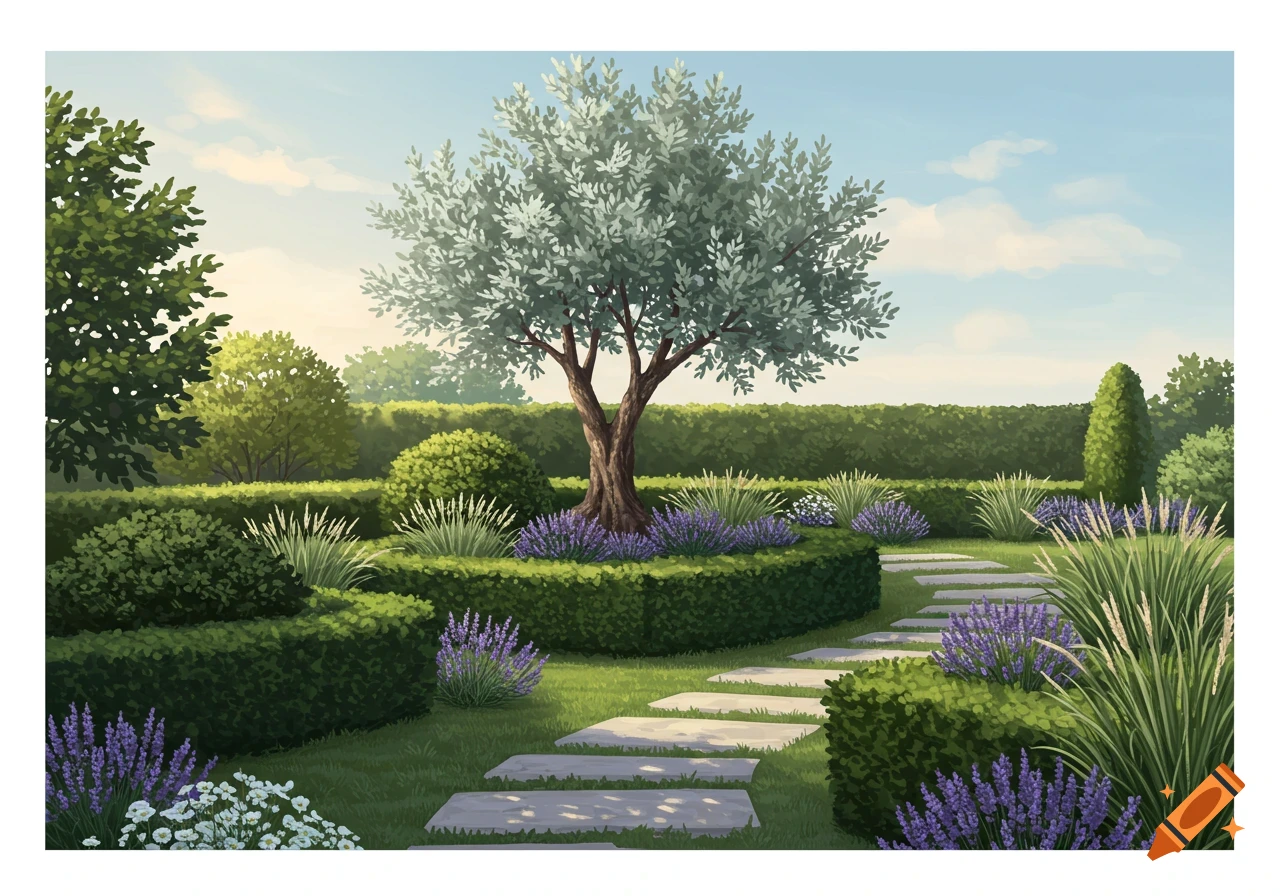 A serene garden with an olive tree, hedges, lavender, and a stone path under a blue sky, in a clear, illustrative style.