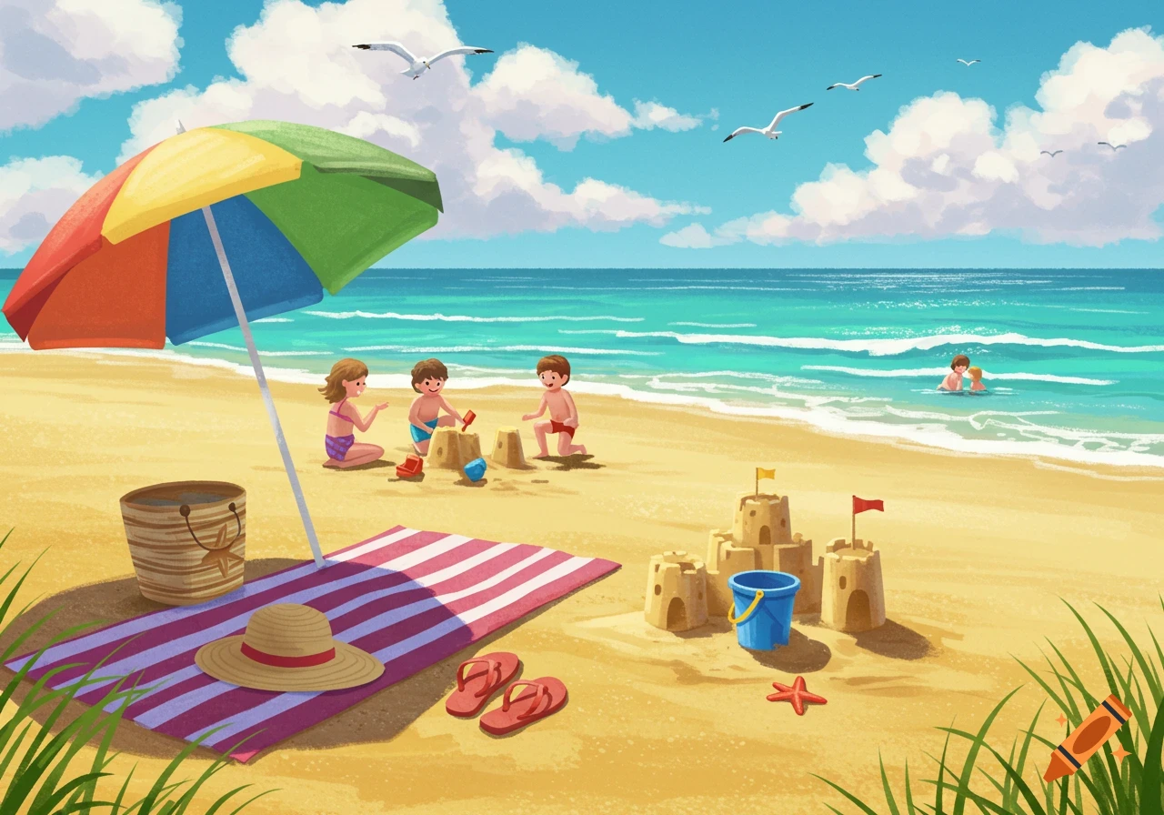 A vibrant illustration of children playing on a sunny beach, with sandcastles, a colorful umbrella, and clear blue water.