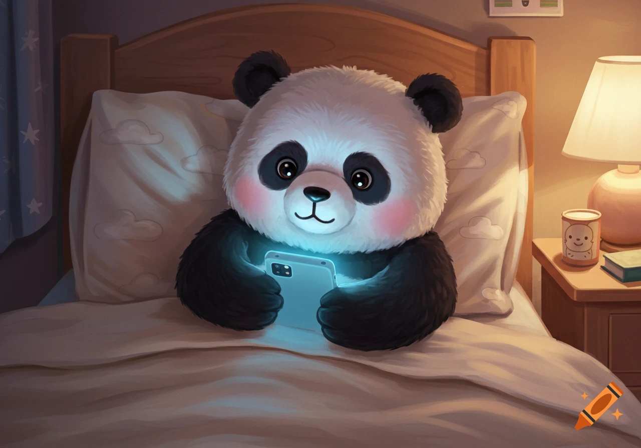 A cute cartoon panda snuggled in bed, looking at a glowing phone.
