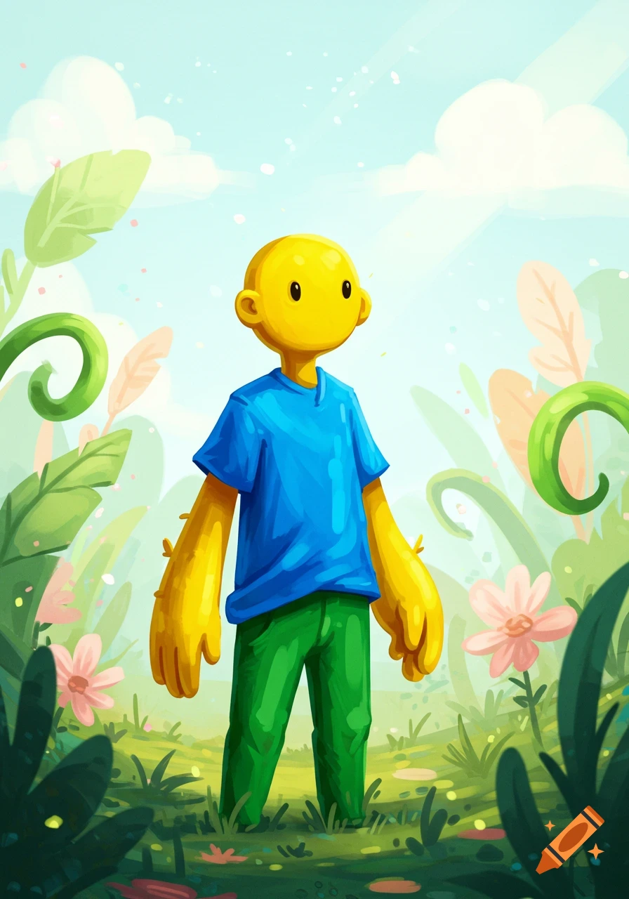 A cartoon character with a yellow head and arms, blue shirt, and green pants stands in a colorful garden.