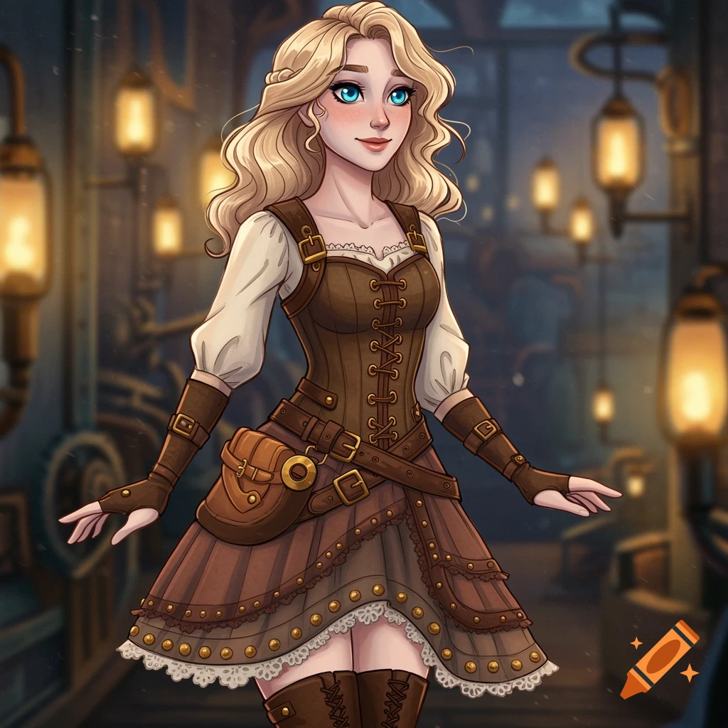 A blonde woman with blue eyes in a detailed steampunk outfit stands in a dimly lit industrial setting, cartoon style.