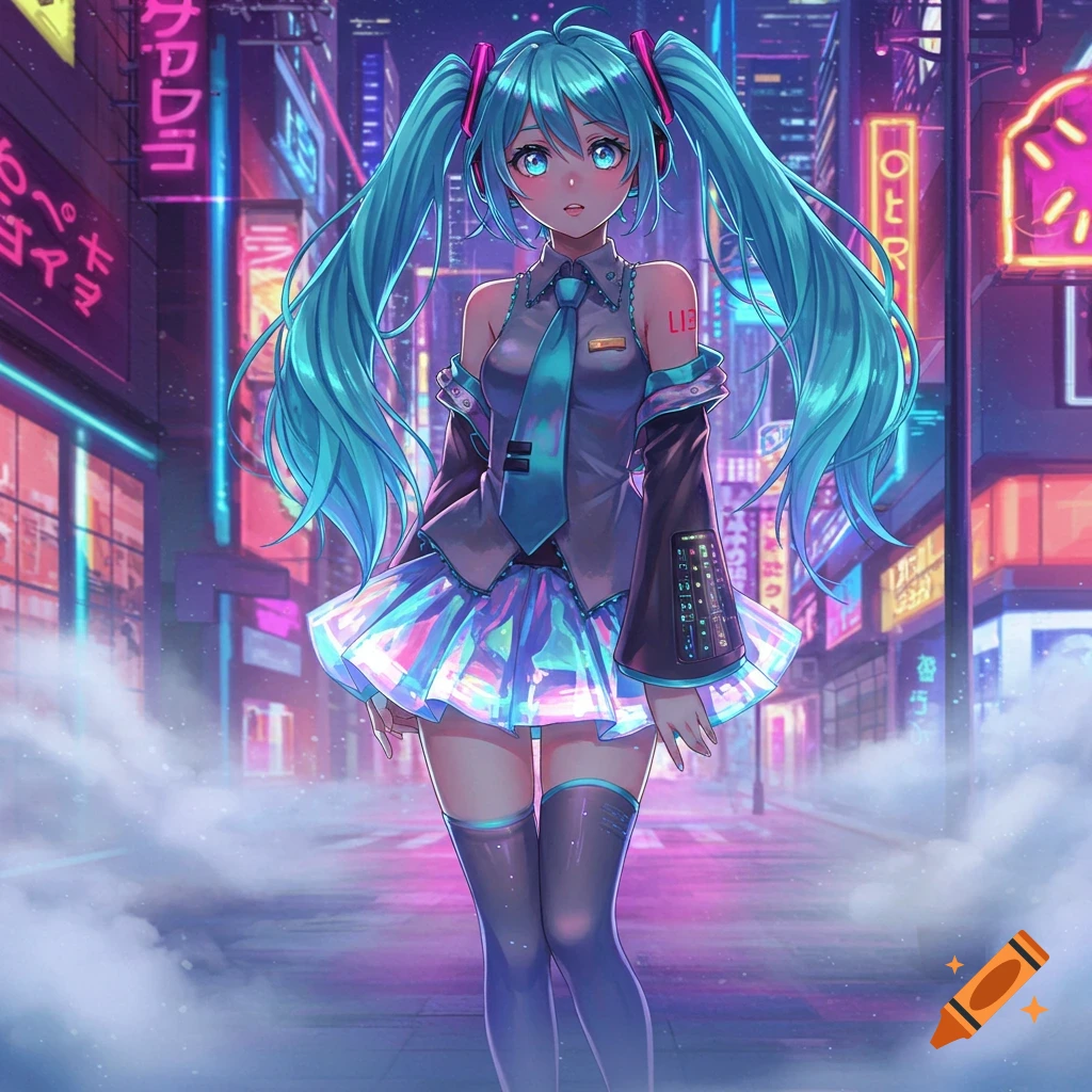 An anime girl with blue twin tails and a holographic skirt stands in a neon-lit cyberpunk city street at night.