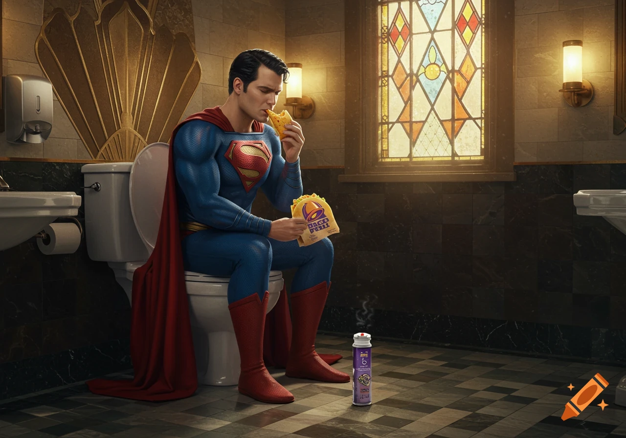 Photorealistic Superman sits on a toilet in a grand bathroom, eating Taco Bell and looking down at a smoking air freshener bottle.