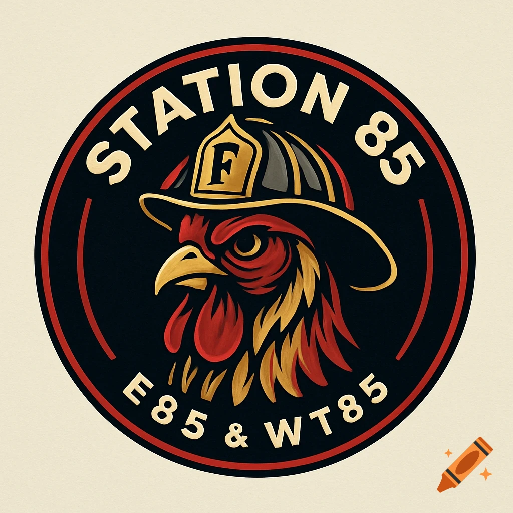 A circular logo featuring a chicken wearing a fire helmet, with "STATION 85" at the top and "E85 & WT85" at the bottom.