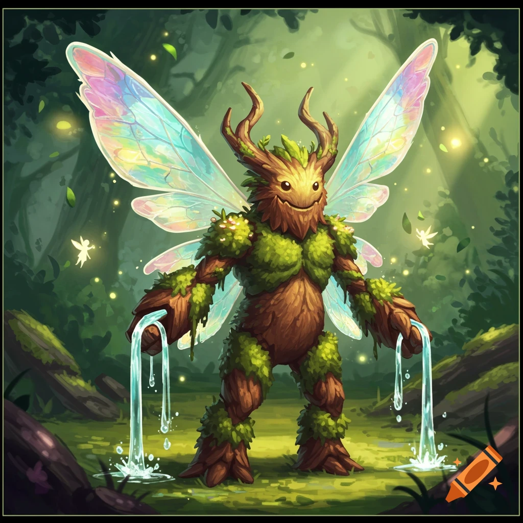 A friendly tree-like monster with large iridescent fairy wings stands in a magical forest, pouring streams of water from its hands.
