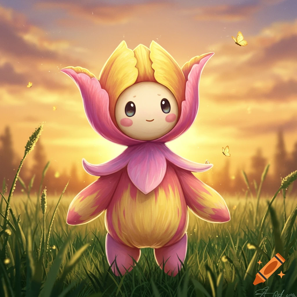 A cute, pink and yellow tulip-like creature stands in a green field under a warm sunset sky with butterflies.