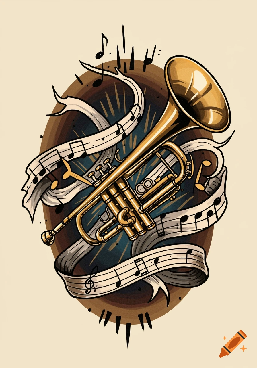 A stylized trumpet with musical notes on a staff, resembling a traditional tattoo design.