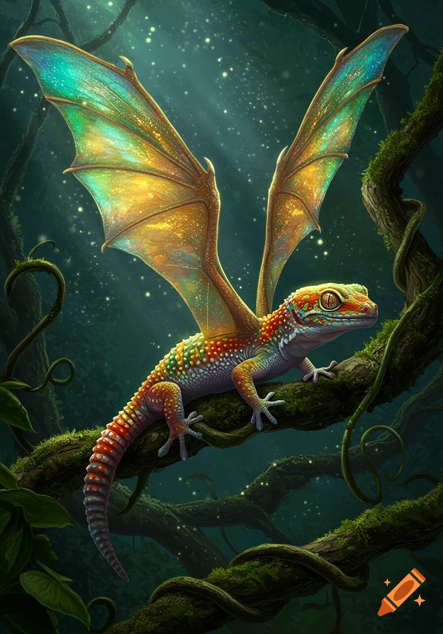 A vibrant gecko with iridescent dragon wings perches on a mossy tree branch in a magical, sparkling forest.