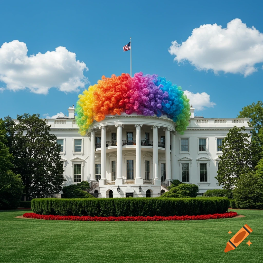 Photorealistic image of the White House with a huge, colorful rainbow clown wig on its roof, under a blue sky.
