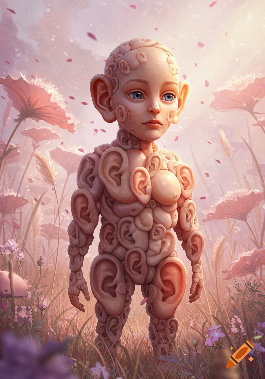 A surreal creature made entirely of human ears stands in a field of pink flowers with petals falling.