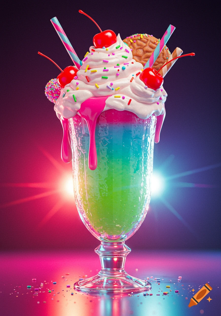 A vibrant, exaggerated dessert drink in a tall glass with whipped cream, cherries, sprinkles, and a wafer stick.