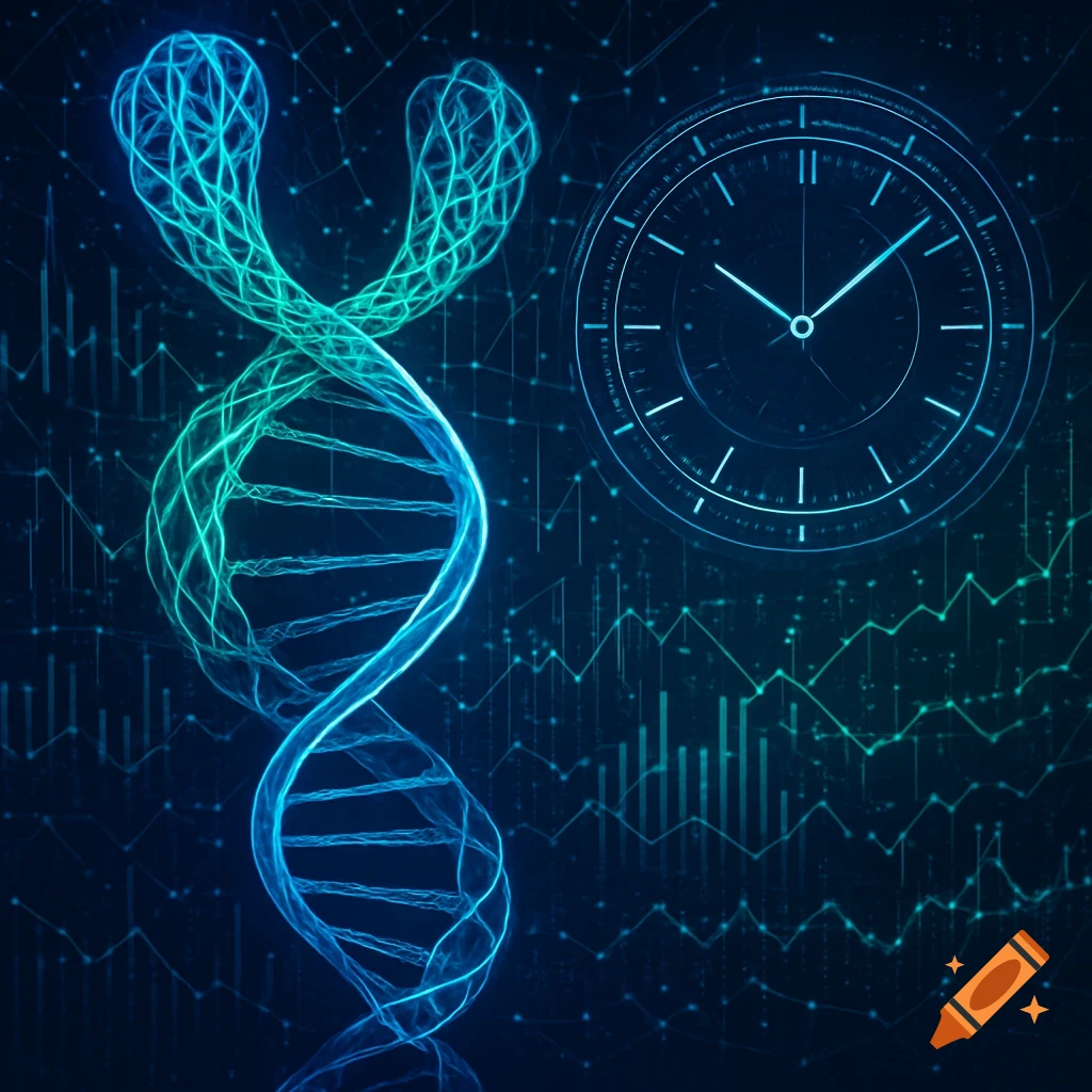A glowing blue and green DNA double helix next to a digital clock face on a dark background with data lines and charts.