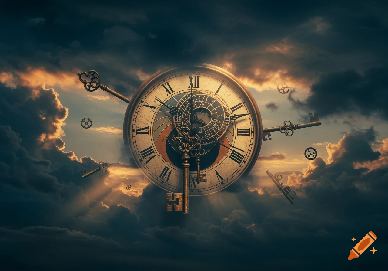 A large ornate clock with Roman numerals and intricate gears floats in a dramatic sky with golden keys as hands, surrounded by clouds and light rays.