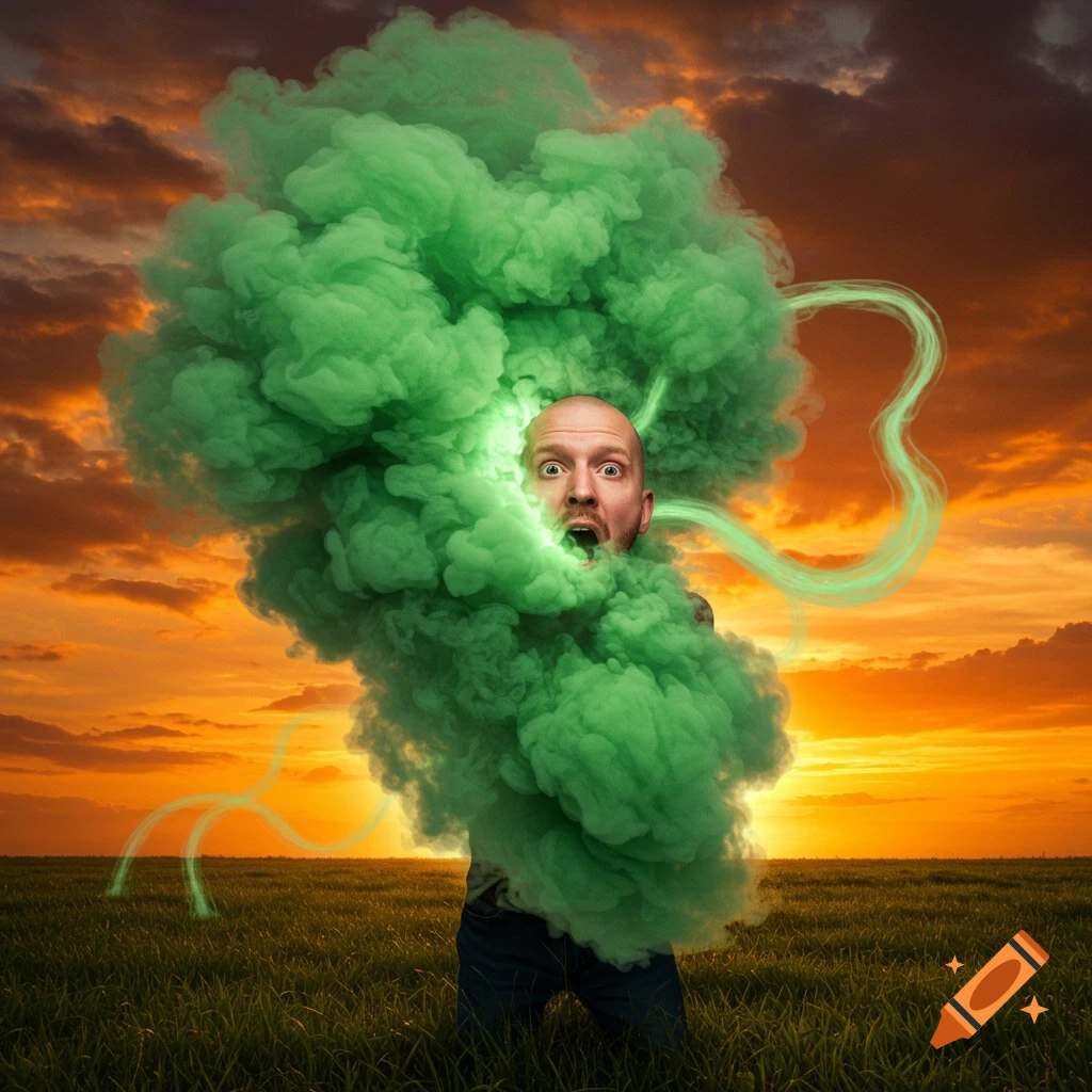 A bald man with an open mouth emerges from a massive cloud of bright green smoke with glowing tendrils in a grassy field at sunset.