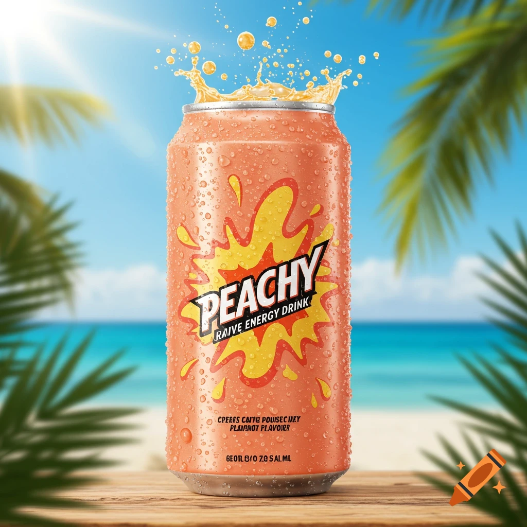 A frosty peach-colored energy drink can, labeled "PEACHY", splashes liquid against a sunny beach background with palm fronds. Photorealistic.