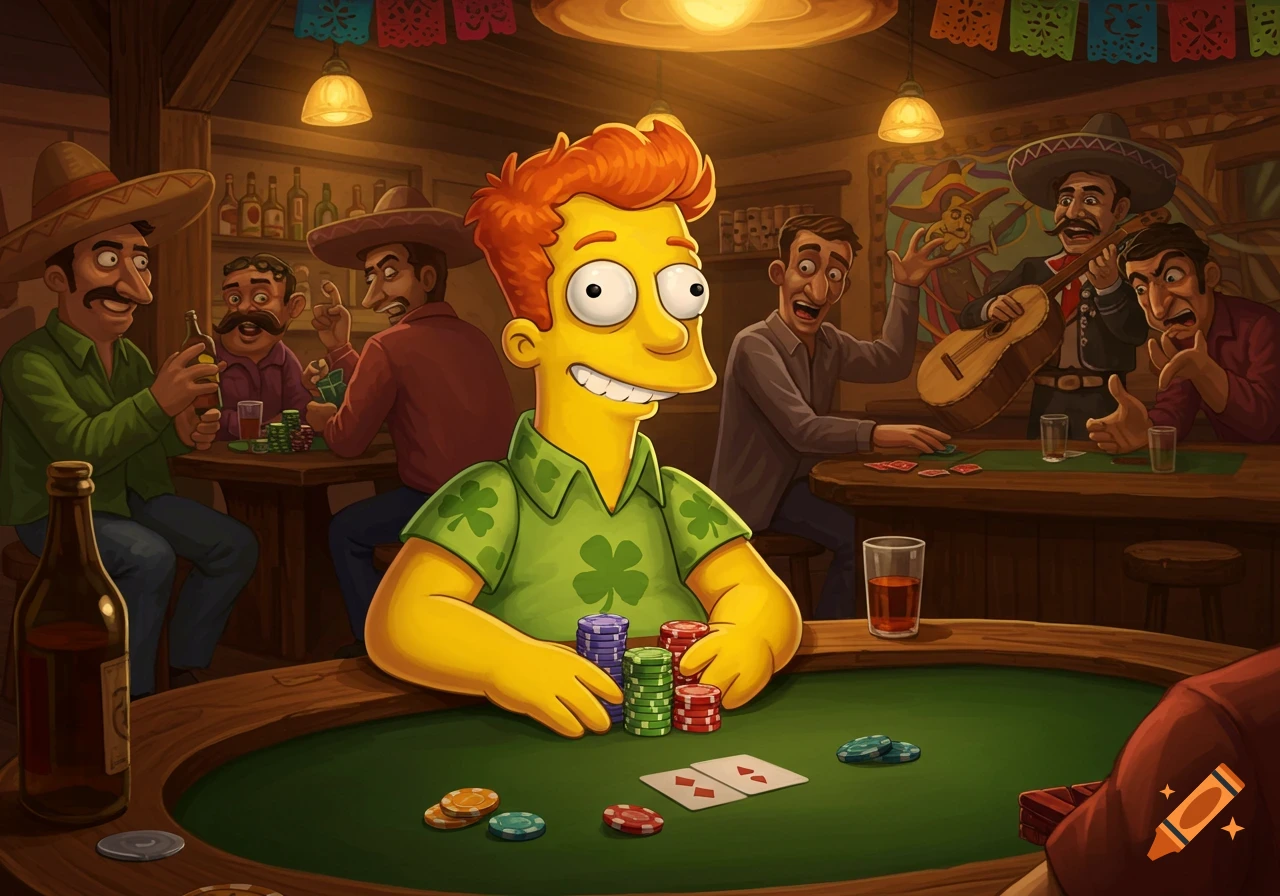 A Simpsons-style character with red hair and a green shamrock shirt sits at a poker table, holding chips, in a dim bar with other cartoon men. Some men wear sombreros, and one plays a guitar in the background.