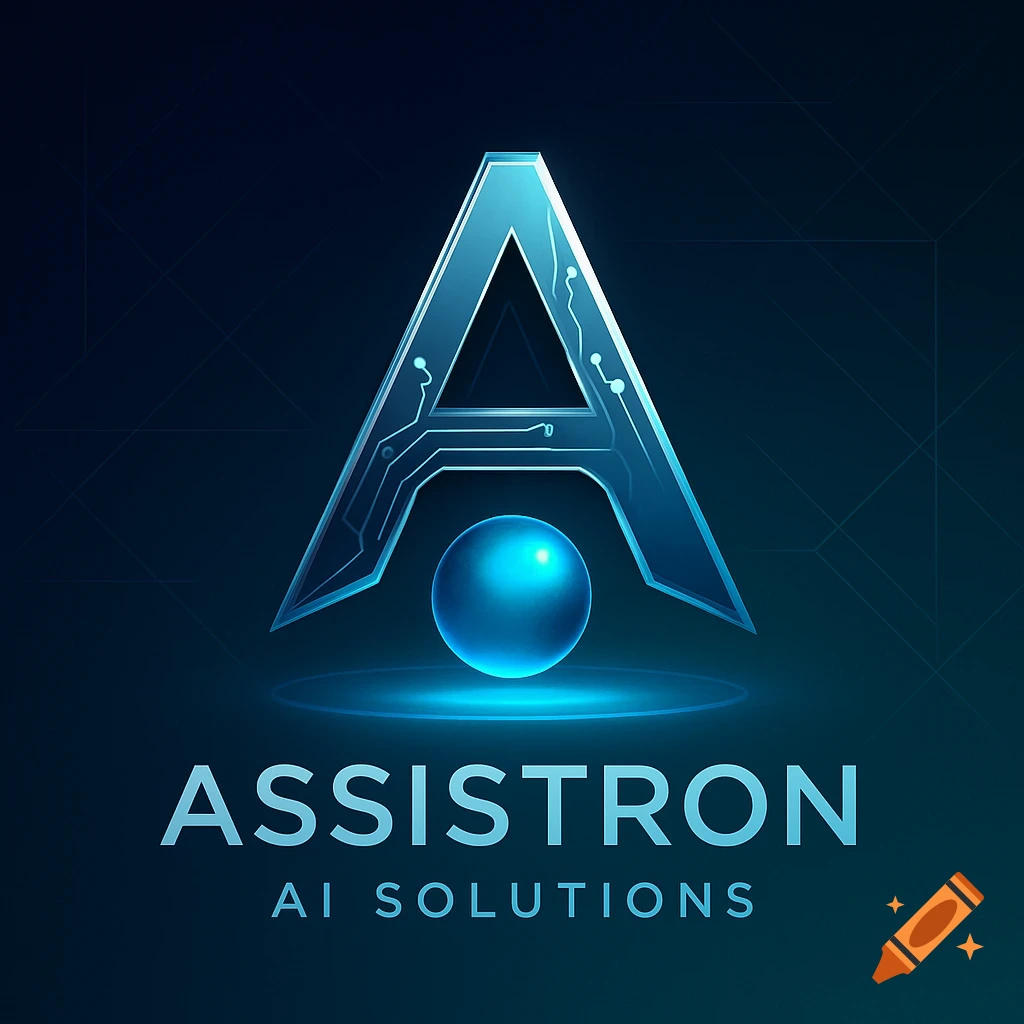 A futuristic blue logo featuring a stylized letter 'A' with circuit board patterns, above a glowing blue sphere, and the text 'ASSISTRON AI SOLUTIONS'.