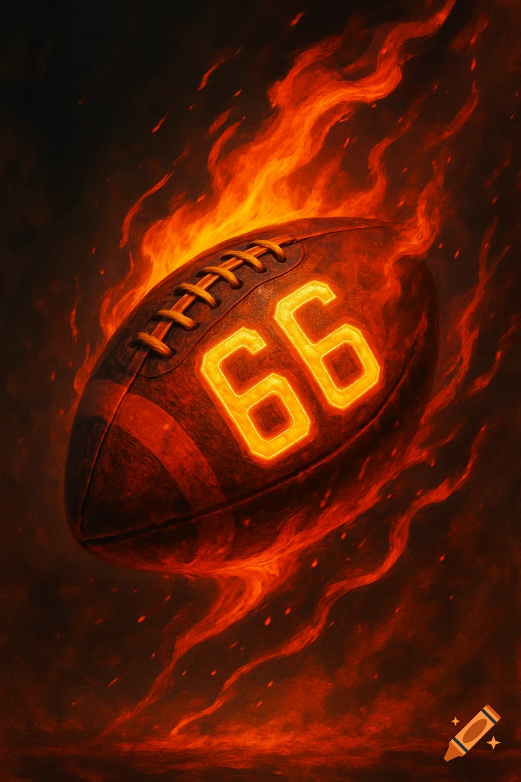 A fiery football with glowing orange numbers '66' against a dark, smoky background, digital illustration.