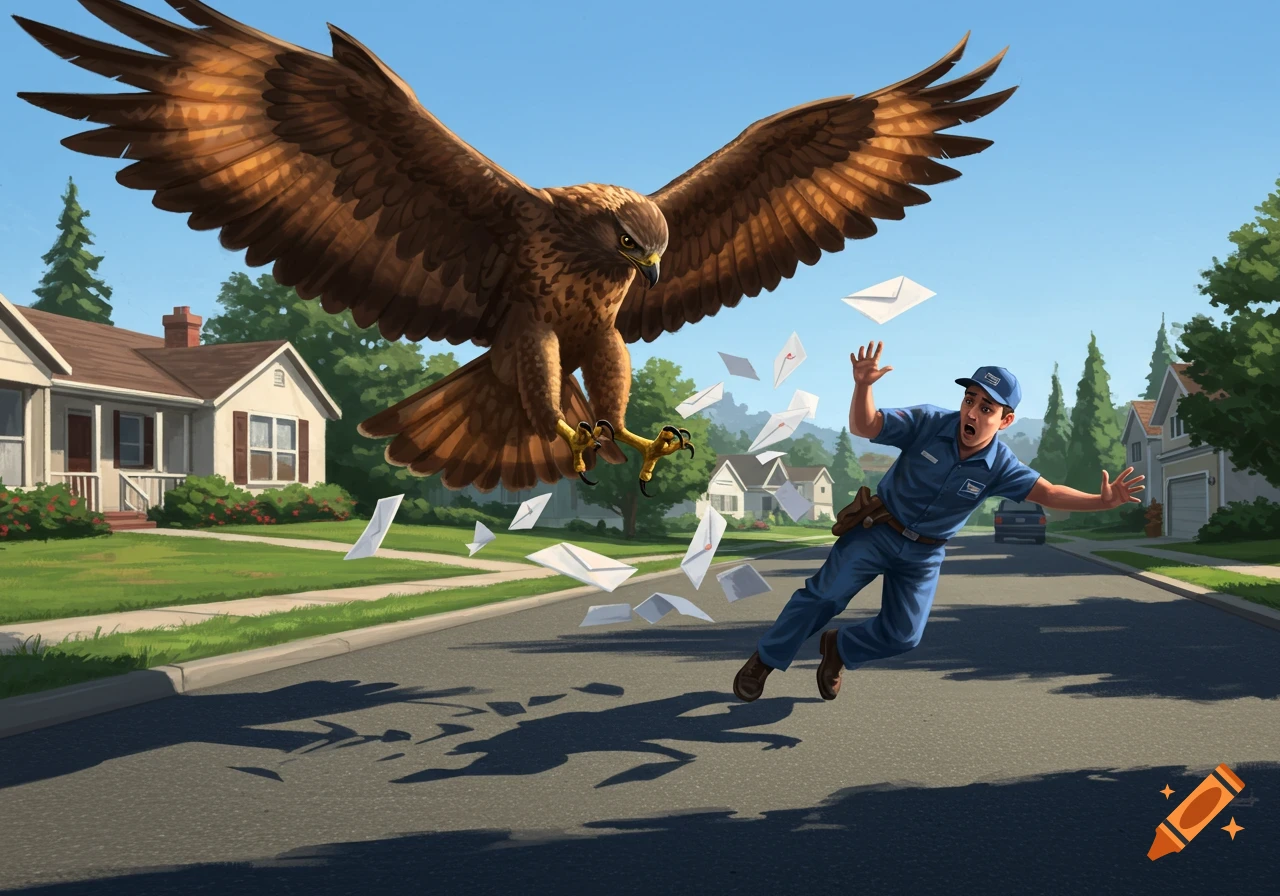 A large brown eagle swoops down on a startled mailman in a blue uniform, sending letters flying in a suburban street, in a vibrant illustration.