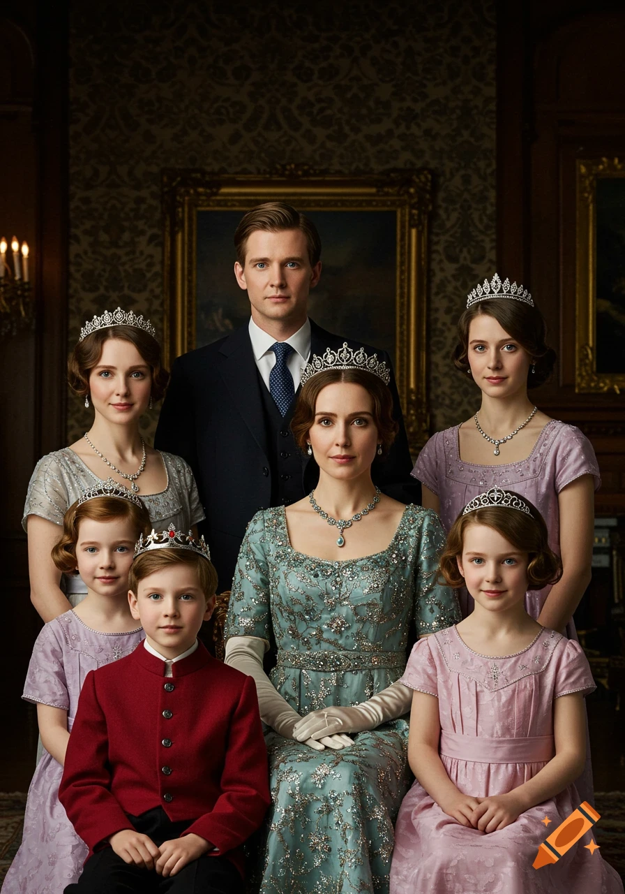 A formal portrait of a royal family, including a man, woman, and four children, all wearing crowns and tiaras, in an opulent room.