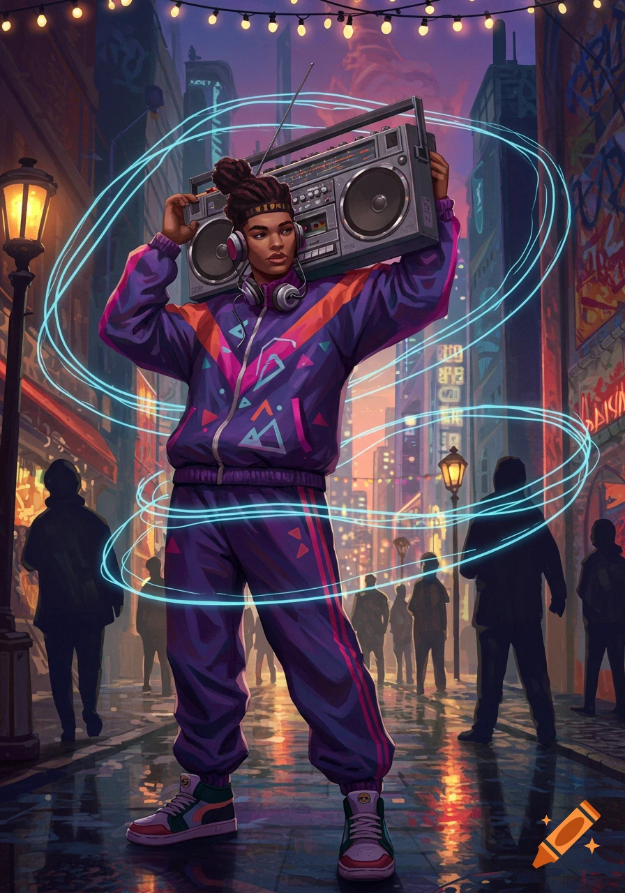 A stylized illustration of a person in a purple tracksuit holding a boombox on their shoulder, standing in a vibrant, neon-lit city street at night.