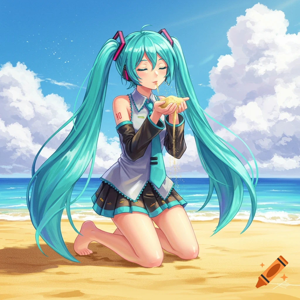 Hatsune Miku kneels on a sandy beach, holding sand that trickles through her fingers under a bright blue sky.
