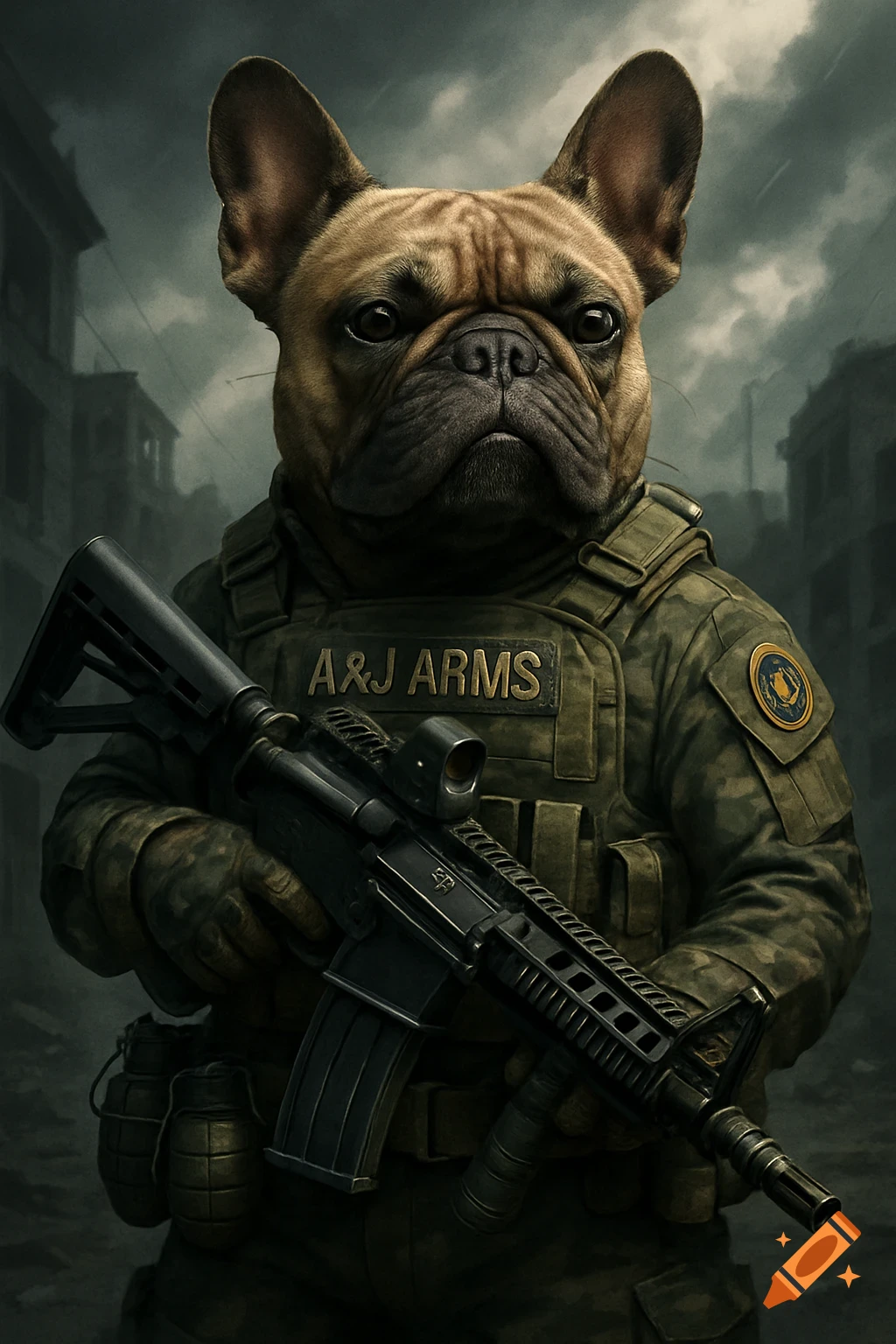 A photorealistic image of a French bulldog in military tactical gear holding an assault rifle in a ruined city, with "A&J ARMS" on its vest.