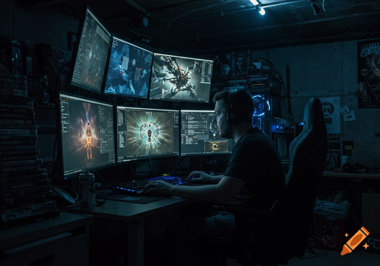 A man wearing headphones plays video games on multiple monitors in a dark, dimly lit basement.