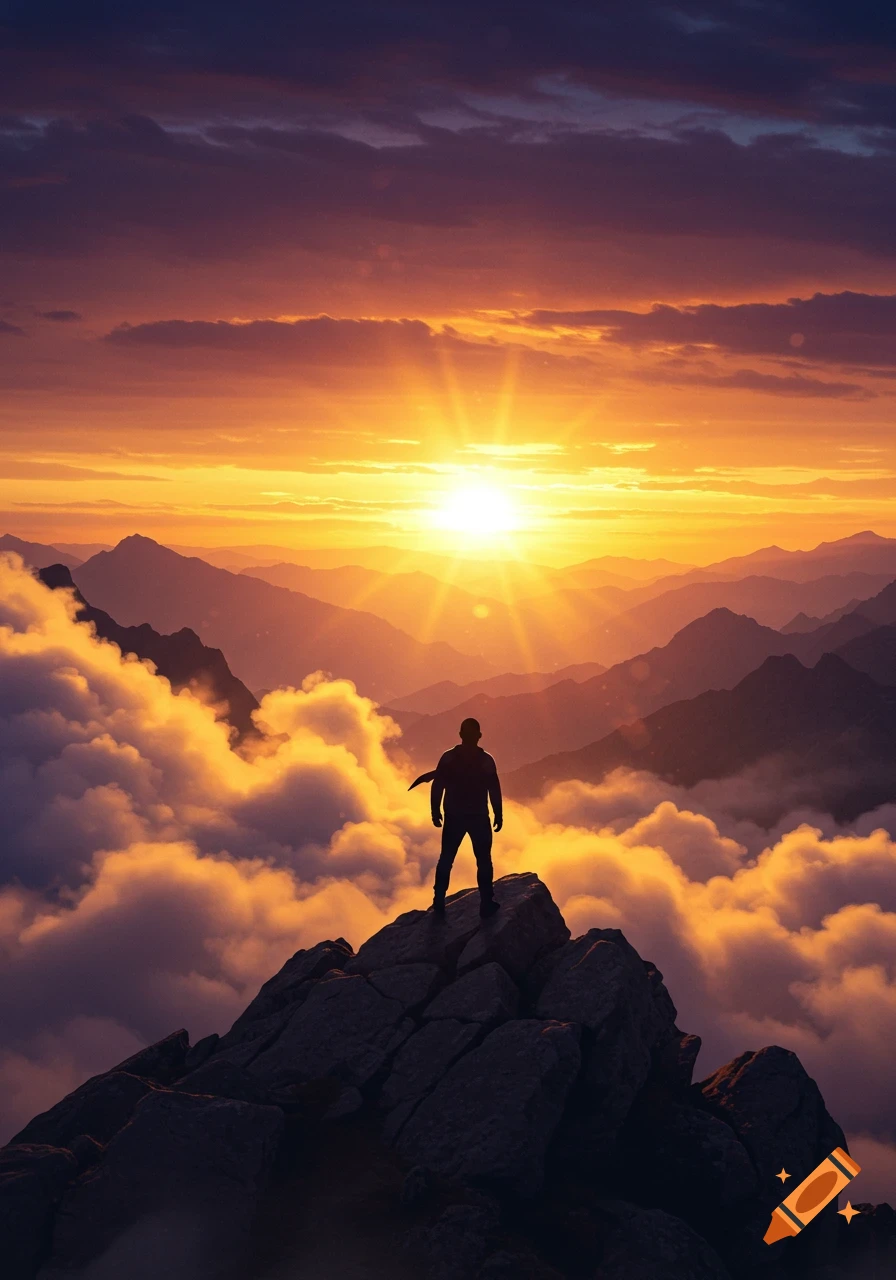 Silhouette of a person standing on a mountain peak surrounded by clouds at sunset, with a vibrant orange and purple sky.
