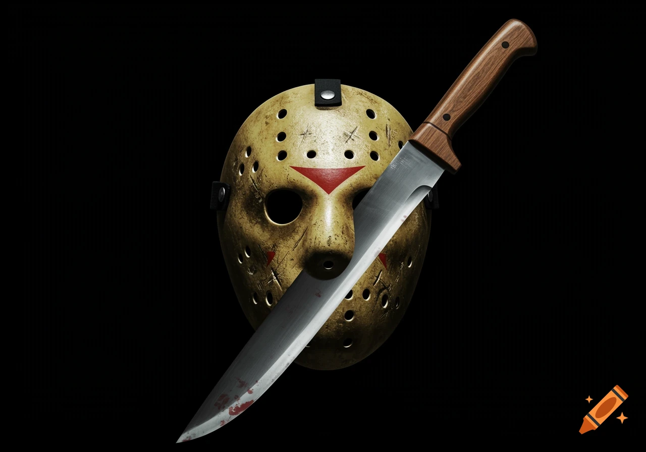 A vintage hockey mask with a machete angled through it, blood on the blade, against a black background.