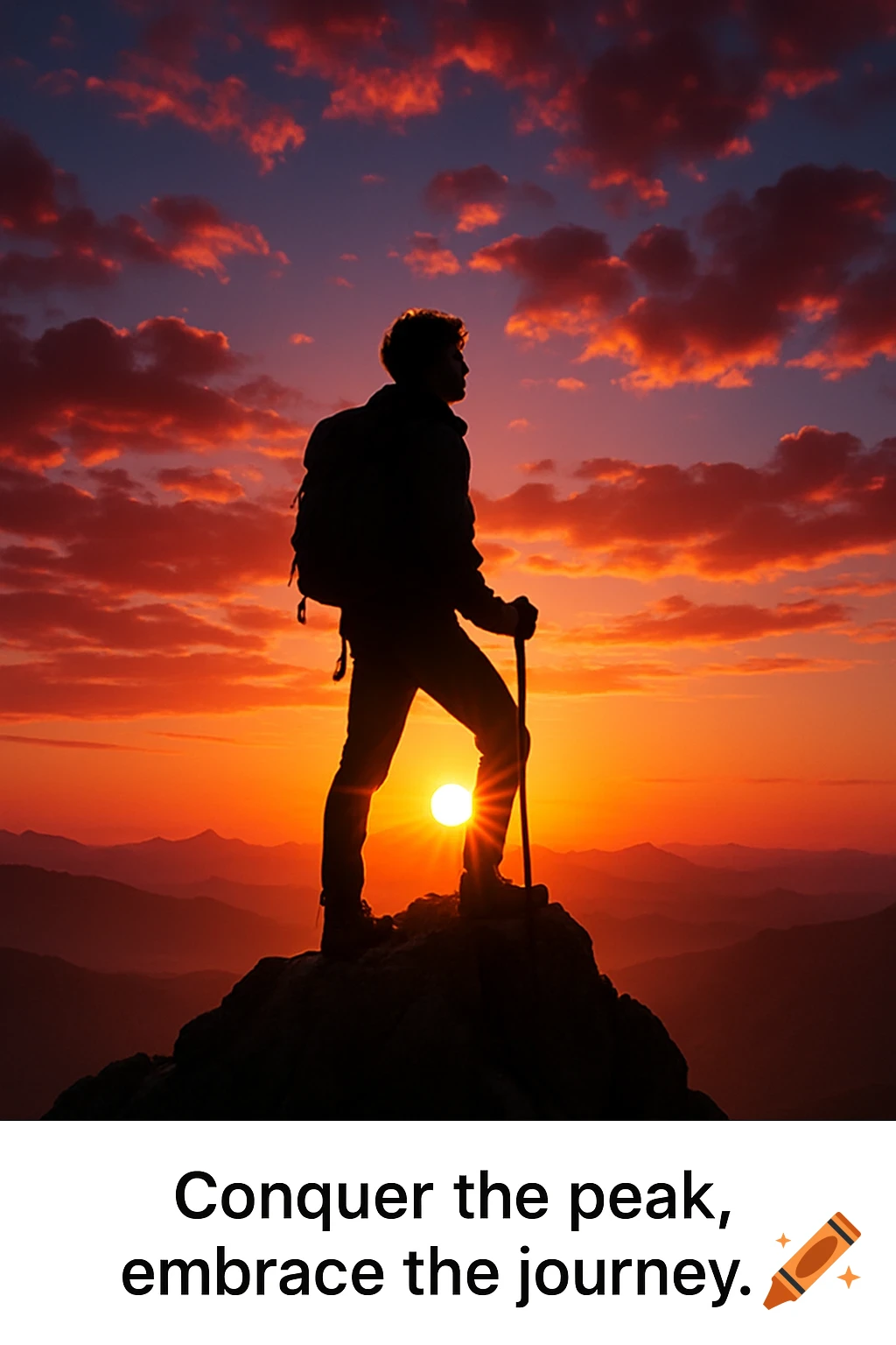 A silhouetted hiker stands on a mountain peak at sunset, with a vibrant sky and text 'Conquer the peak, embrace the journey.'